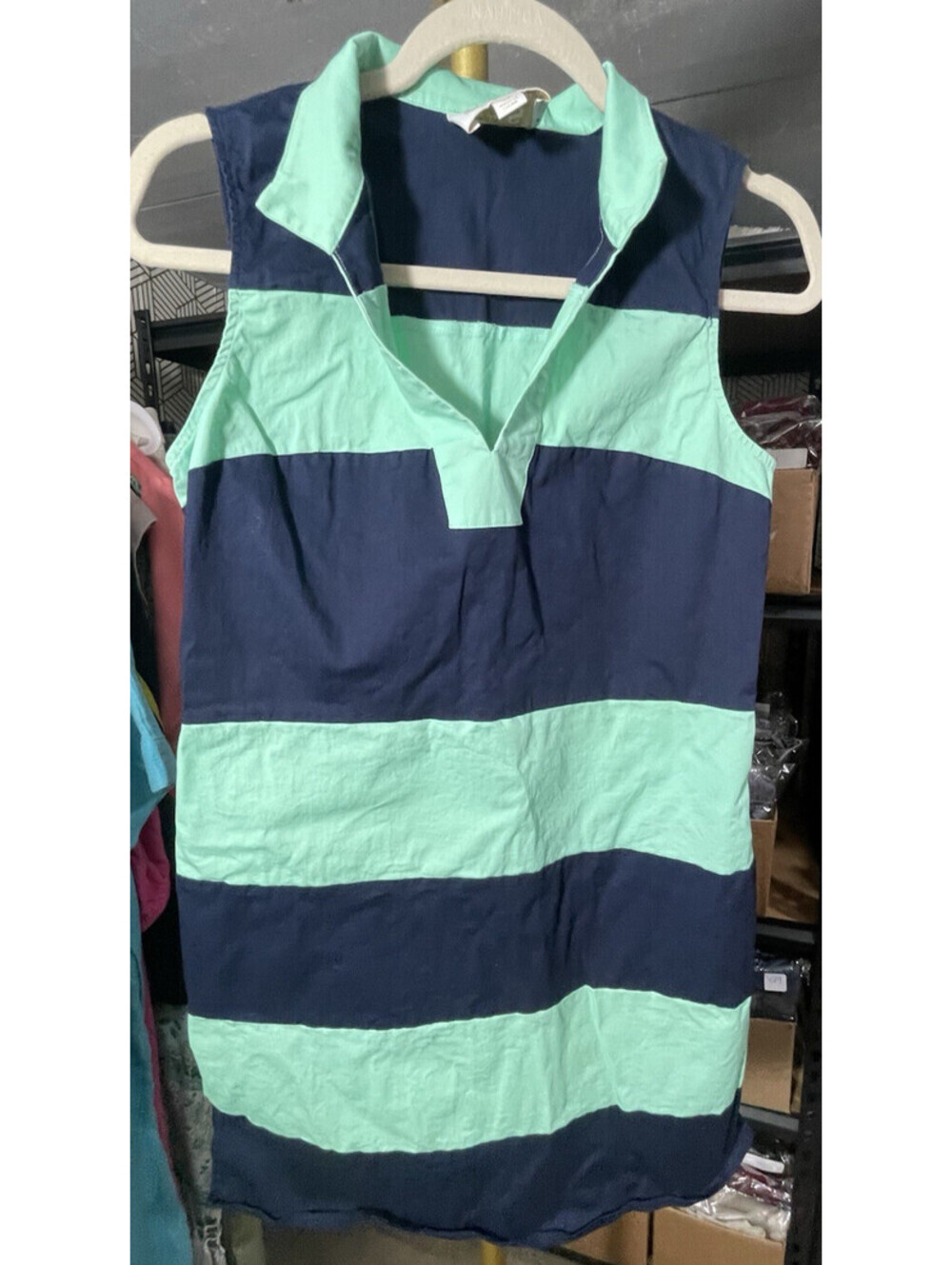STS Sail To Sable Shift Dress Mint Green/Blue Stripe Sleeveless Nautical Sz M